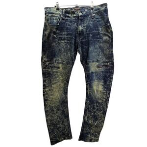 Moto Distressed Acid Wash Biker Barrel Jeans Mens 38x32 Streetwear Grunge Rugged